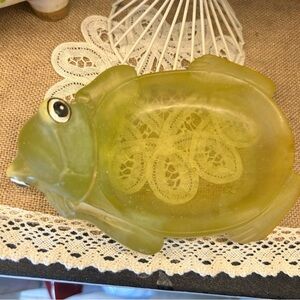 Vintage MCM Green Vaseline Yellow resin Frog dish 6" 3-D eyes trinket dish